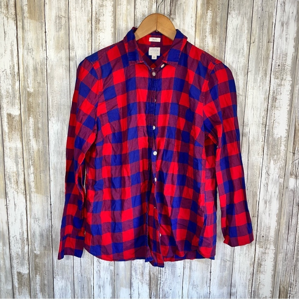 J.Crew Plaid Boy Fit Button Down Shirt Red Blue Cotton Size M Classic Preppy - Picture 2 of 6